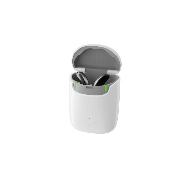 Chargeur rechargeable ouvert styletto AX blanc de signia avec styletto 3AX/7AX à l'intérieur.