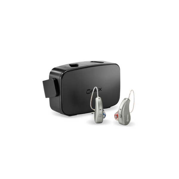 A pair of grey Widex Moment rechargeable hearing aids and a charger in black by Auzen 